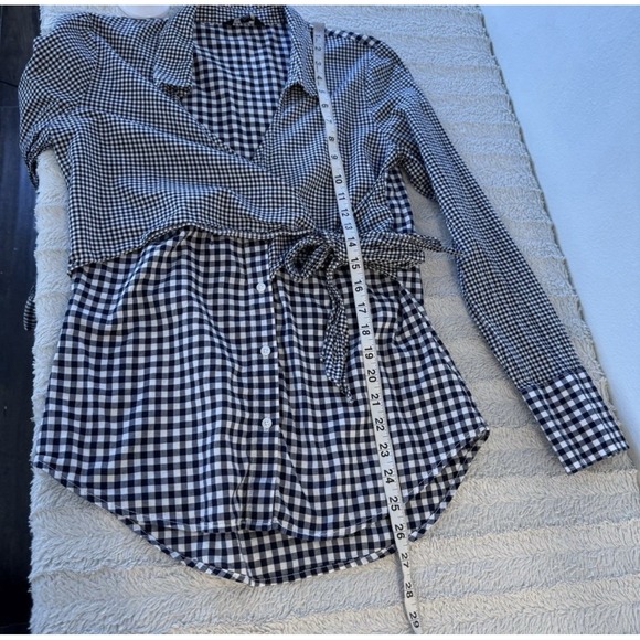 Express Blue Gingham Button Up Women's‎ Small Tie Front Collared V-neck Preppy - Picture 7 of 8